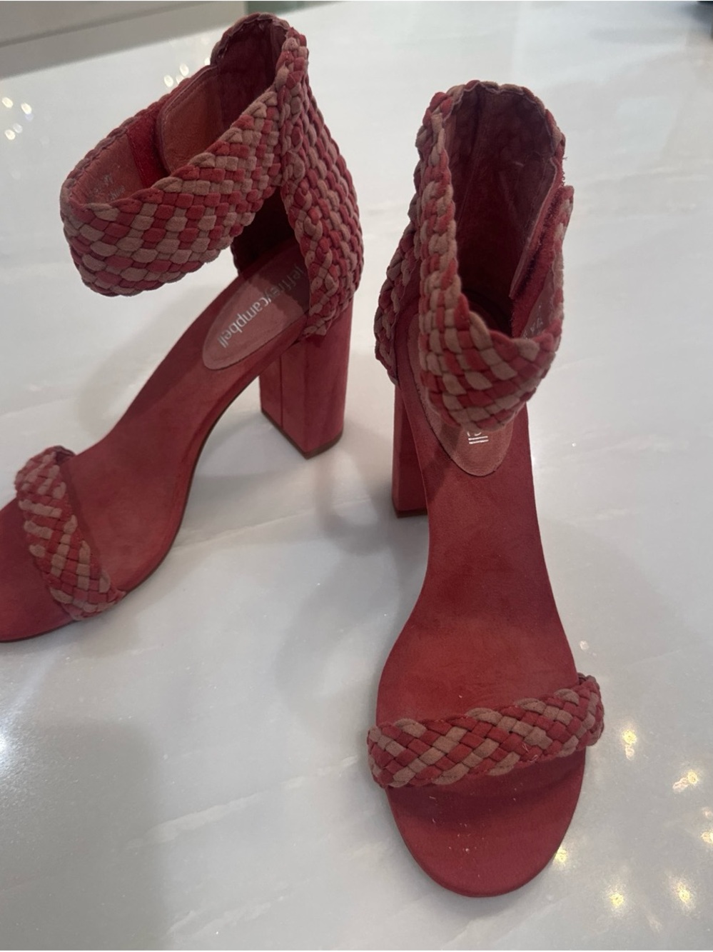 Jeffrey Campbell Braided Coral-Red Block Heel Sandals